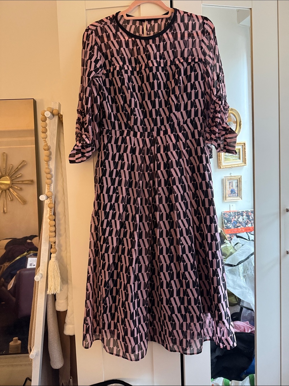 Marella Pink & Black Geometric Tiered Dress small